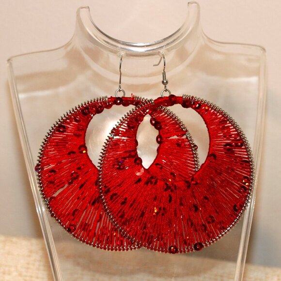 3" Silk Thread and Sequins Wrapped Extra Large Hoop Earrings - Picture 1 of 6